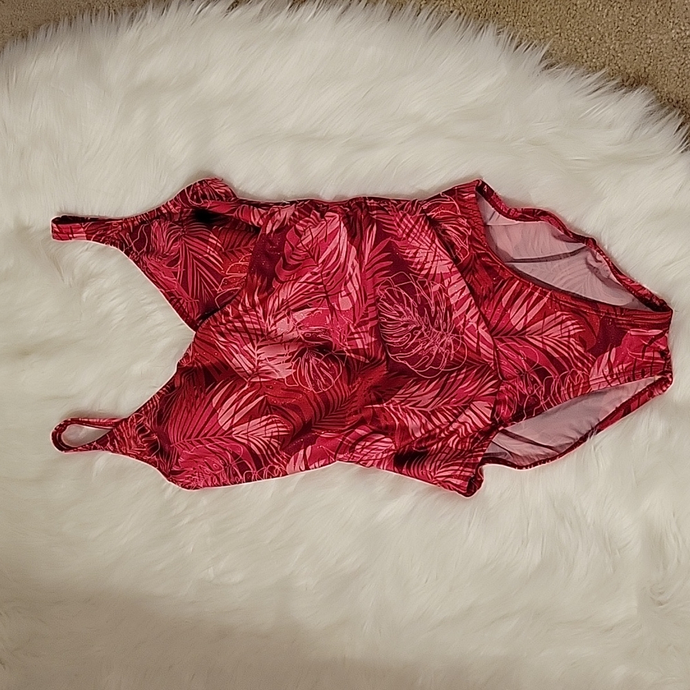 Ocean Dream one piece swimsuit shades of pink sparkle palm fronds size 10 …EUC